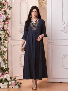 SHEIN 孕妇连衣裙 3/4 袖褶饰刺绣连衣裙 - 藏蓝色 - 查看 1