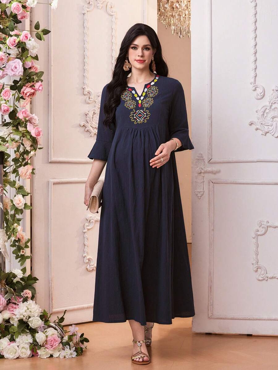 SHEIN 孕妇连衣裙 3/4 袖褶饰刺绣连衣裙 - 藏蓝色 - 查看 1