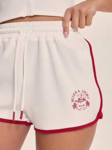 Musera Sport Graphic Print Contrast Trim Mini Runner Shorts Active Workout Gym, Padel, Tennis, Racquetball, Pickleball Gym Fitness - White - View 5