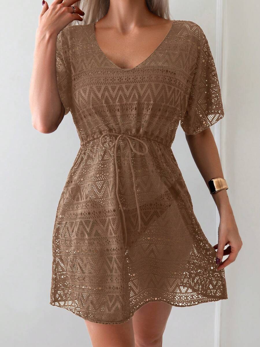 SHEIN Swim Women's Vacation Beach Solid Color Hollow See-Through Coverup Dress For Summer - Khaki - View 1