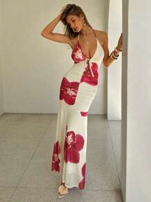 Aloruh 女士浪漫假期性感露背网眼花卉印花褶皱 A 字形连衣裙，春夏 - 彩色 - 查看 6