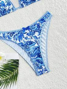 SHEIN Women's Bohemian Print Lace-Up Triangle Bikini Set, Suitable For Beach & Resort Vacation For Summer - Blue - View 4