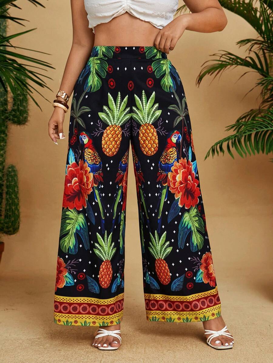 SHEIN Clasi Spodnie damskie w dużych rozmiarach z elastycznym pasem i luźnym kwiatowym nadrukiem w stylu boho eleganckie - Czarne - Zobacz 1