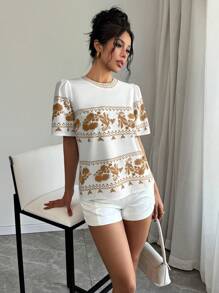 SHEIN LUNE Camicia da donna con stampa posizionata e testurizzata, ricamata