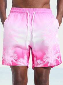 Surfspeed Men Botanical Ombre Print Drawstring Waist Pocket Beach Shorts (Print Asymmetrical) - Hot Pink - View 2