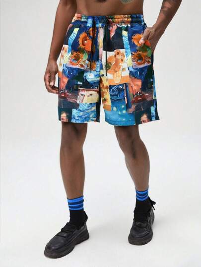 Street Life Men's Vintage Painting Floral Woven Shorts, Suitable For Everyday Wear, Spring/Summer Vacation