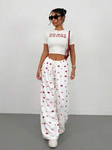 SHEIN PETITE Pantaloni casual da donna con stampa su tutto il capo e laccio frontale, stile minimalista per uso quotidiano