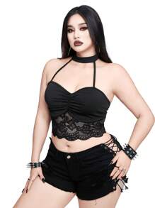 Whyspr Top scurt casual Punk Rave Plus Size pentru femei, sexy, din dantelă, cu imprimeu de patchwork, fără spate, cu halter - Negru - Vizualizare 4