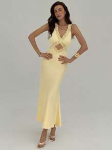 Aloruh Váy ren khoét sâu cho nữ, màu trơn, thời trang, phù hợp cho mùa hè - Màu vàng - Xem 6