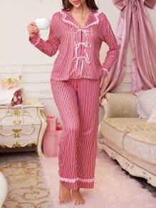 Women Striped Contrast Color Pajama Shorts, Simple Fashion Suitable For Summer Set - Multicolor - View 6