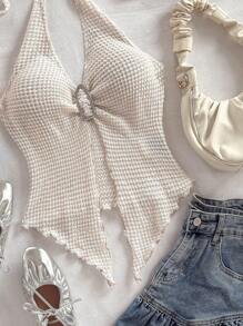 Soleia 女士休闲系带领金属紧固件不对称下摆背心，适合派对、海滩、巡游、度假、约会、下午茶、度假、音乐节、波西米亚风格