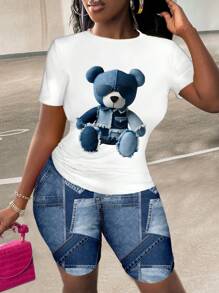Slaydiva 2 pezzi Set da donna casual e carino composto da maglietta a maniche corte con stampa grafica di orsetto in effetto jeans e pantaloncini stampati, per l'estate