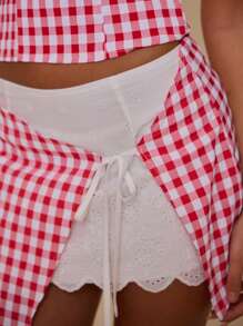 MUSERA Double Layer Gingham Tie Wrap Around Broderie Anglaise Mini Skirt Only Summer Vacation Cute Elegant Sweet Escape Party - Red - View 5