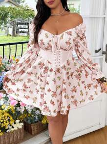 Flirla 大码女式花卉印花腰带长袖优雅连衣裙 - 珊瑚粉 - 查看 4