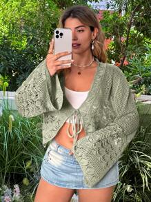 Flirla Plus Size Solid Color Fashion Tie Bow Shell Edge Cropped Shrug, Crochet Mesh Knit Flare Sleeve Cardigan Fall Winter Cloth For Women - Mint Green - View 3
