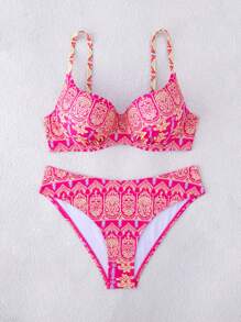 Swim DD+ DD+ 系列女式夏季复古印花吊带聚拢钢圈比基尼两件套，海滩度假