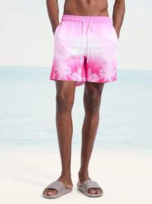 Surfspeed Men Botanical Ombre Print Drawstring Waist Pocket Beach Shorts (Print Asymmetrical) - Hot Pink - View 6