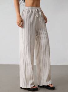 SHEIN PETITE Women's Striped Drawstring Waist Wide Leg Loose Casual Pants, For Daily Wear, Suitable For Spring, Summer And Autumn, French Holiday - Apricot - View 7