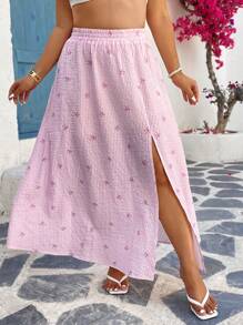 SHEIN VCAY 大码女式休闲条纹蝴蝶结印花侧开衩半身裙 - 彩色 - 查看 4