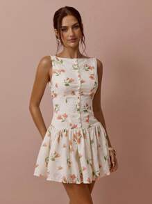 Enchnt 女士优雅花卉印花和刺绣无袖迷你连衣裙 - 杏色 - 查看 5