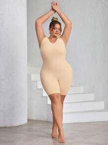 SHEIN CURVE+ Plus Size Women Seamless Shapewear With Bust And Hip Lift - Abdominal, Waist And Thigh Shaper Jumpsuit, Curve Plus, Boho Vacation Beach Outfits For Woman/Beach Dress/Beach Vacation Outfits/Beach Essentials / Graduation/Tea Party Dress - Apricot - View 10