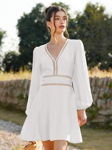 Chiquease Textured Woven Lace Hollow Out Yellow Mini Dress, Spring & Summer Elegant Fashionable Style For Spring Fall - White - View 2