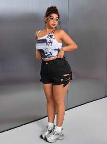 SHEIN ICON Shorts vaqueros casuales de talla grande con botón y dobladillo deshilachado, para verano