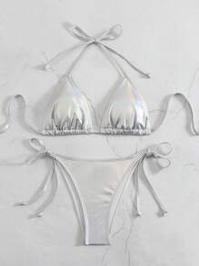 Swim Mod Women's Summer Beach Solid Color Halter Tie Sexy Bikini Set - Silver - View 5