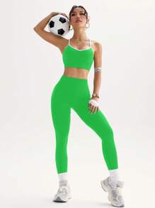 SHEIN Sport Studio 1 Set Women Sports Spaghetti Strap Top And Solid Color Pants, Stylish Outfit Suitable For Summer