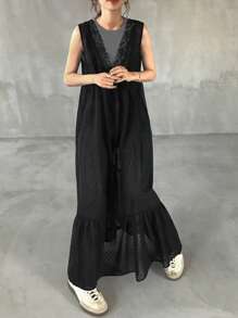 FRIFUL 女士黑色连体连衣裙，无袖露背系带夏季长款连衣裙 - 黑色 - 查看 2