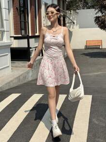 SHEIN 少女修身休闲简约舒适吊带背心连衣裙，带蝴蝶结装饰 - 白色 - 查看 4