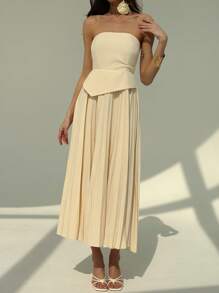 Aloruh 女士优雅纯色褶饰下摆抹胸中长连衣裙，夏季 - 杏色 - 查看 4