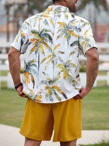 Manfinity RSRT Plus Size Men's Palm Tree Print Short Sleeve Shirt And Shorts Casual 2 Pieces Set - Yellow - View 2