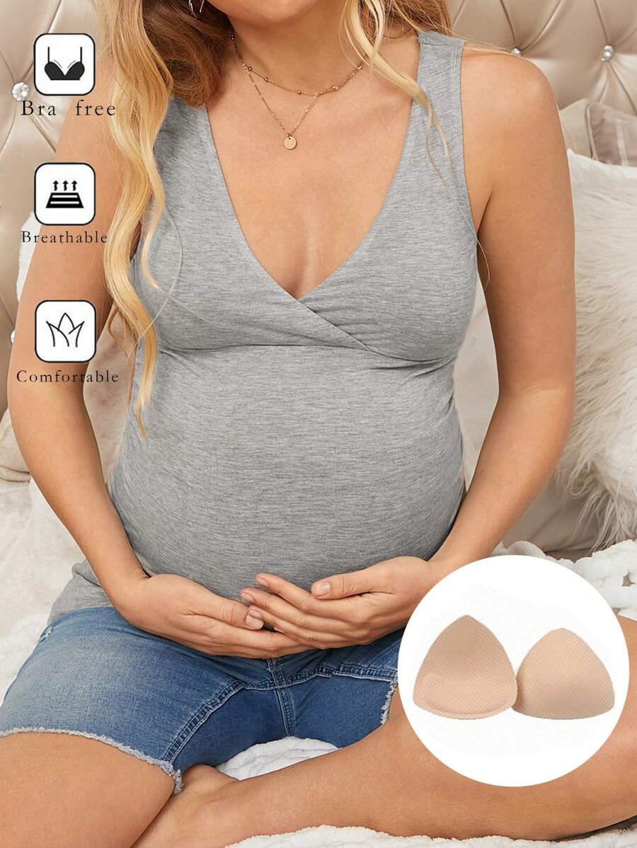 SHEIN Maternity Solid Color Cross V-Neck Slim Fit Casual Tank Top