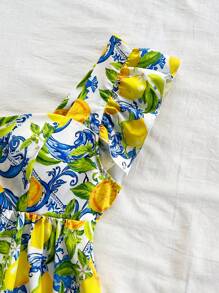 Soleia 新款柠檬印花海滩西部音乐节夏季波西米亚风黄色荷叶边袖女式农民衬衫 - 黃色 - 查看 6