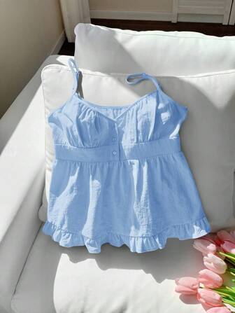 Comfortcana Women's Casual Blue Woven Fabric Cami Top With Spaghetti Straps, Button Front Detail, And Ruffle Hem