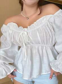 Dazy Plus Plus Size Off-Shoulder White Long Sleeve Blouse Top With Flared Sleeve And Waist Cinching, Spring/Summer/Autumn, Ruffle - White - View 1