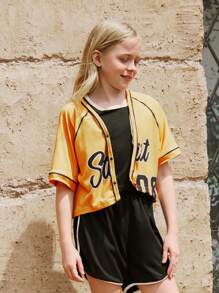 SHEIN 3pcs Girls' Casual Vest, Sporty Shorts And Vintage Graphic Tee Set, Summer - Multicolor - View 6