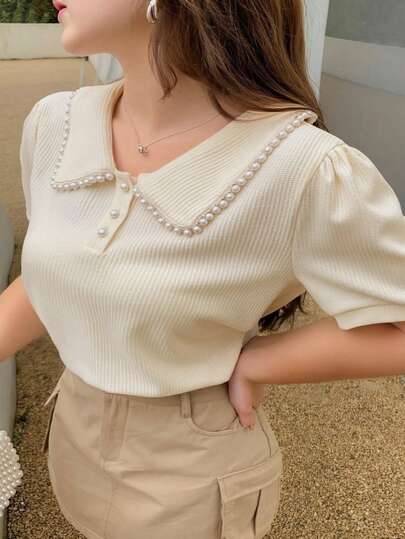 Dazy Plus Peter Pan Collar Pearl Decor Fitted Short Sleeve Half-Placket Spring/Summer T-Shirt