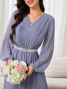 Veilorie Vestido elegante de estilo árabe para mujer con cuello en V, mangas farol y pliegues en color liso