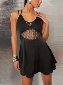 NYA SZN 连衣裙镂空吊带夏季春季蕾丝金属细节缎面交叉背带节日夏季性感俱乐部迷你婚礼宾客特殊场合新娘晚宴音乐会西方舞会服装女士 - 黑色 - 查看 4