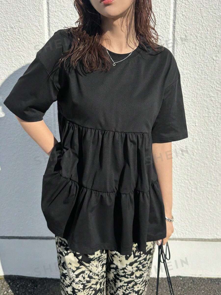 FRIFUL Camiseta negra holgada y casual para mujer, ropa de verano, top tipo babydoll