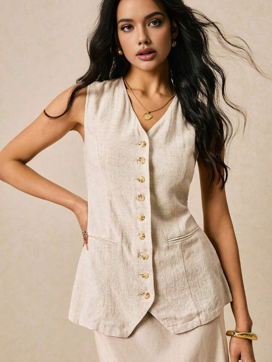 Poéselle 1pc Women's Solid Color Single-Breasted V-Neck Sleeveless Casual Shirt - Apricot - View 1