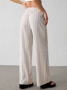 SHEIN PETITE Women's Striped Drawstring Waist Wide Leg Loose Casual Pants, For Daily Wear, Suitable For Spring, Summer And Autumn, French Holiday - Apricot - View 3