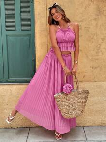 SHEIN VCAY 2pcs/Set Women Vacation Casual Solid Backless Halter Top And Pleated A-Line Skirt, Vacation, Vacation Outfits Woman, Summer Outfits For Women, Two Pieces Set Women - Hot Pink - View 4