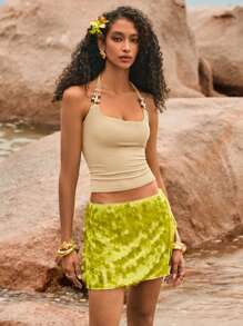 Poéselle Women's Casual Beaded Decor Halter Neck Backless Top For Vacation - Apricot - View 5