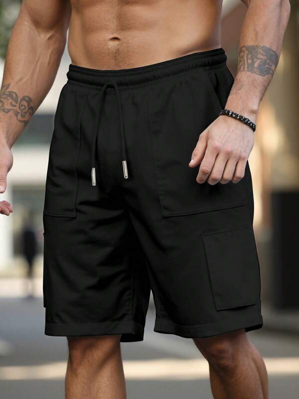 Manfinity Homme Pantalones cortos de carga de talla grande para hombres con cintura con cordón y bolsillos