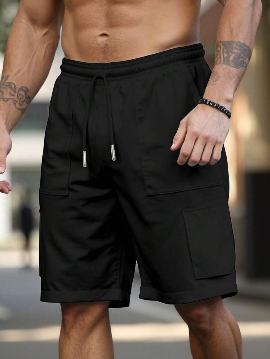 Manfinity Homme Plus Size Men's Plain Color Drawstring Waist Cargo Pocket Shorts - Black - View 1