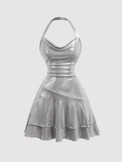 SHEIN MOD Vestido mini de mujer de unicolor con cuello drapeado, para banquetes y fiestas