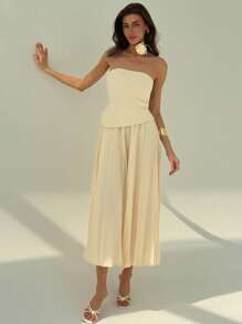 Aloruh 女士优雅纯色褶饰下摆抹胸中长连衣裙，夏季 - 杏色 - 查看 7